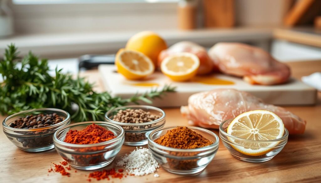A beautifully arranged composition of marinade ingredients for juicy chicken thighs. In the foreground, showcase a vibrant array of spices like smoked paprika, black pepper, garlic powder, and fresh herbs such as rosemary and thyme, all in small bowls. In the middle ground, a cutting board displays halved lemons and a drizzle of olive oil, adding a hint of freshness. The background features a soft-focus kitchen setting with warm, natural lighting, casting a golden hue to evoke a comforting atmosphere. The scene captures the essence of flavor and richness, inviting viewers to explore the delicious possibilities of chicken marination. The angle should be slightly above eye level for an inviting perspective, creating an appetizing and inviting mood.
