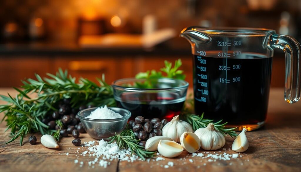 A beautifully arranged display of ingredients for a deer marinade, featuring fresh herbs like rosemary and thyme, whole peppercorns, garlic cloves, and a small bowl of sea salt. Include a measuring cup filled with red wine and a splash of balsamic vinegar, all set on a rustic wooden table. In the background, a subtle, blurred image of a traditional kitchen with warm lighting creates a cozy atmosphere. The foreground should highlight the textures of the ingredients, emphasizing the vibrant colors of the herbs and the rich, deep hues of the red wine. The overall mood is inviting and culinary, ideal for showcasing the rustic charm of preparing a traditional marinade.