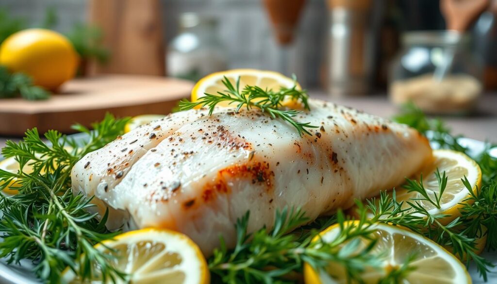 A beautifully arranged gourmet dish featuring a piece of perfectly cooked fish filet, lightly seasoned with a blend of gentle herbs. In the foreground, vivid sprigs of dill, parsley, and thyme surround the filet, enhancing its flavor while remaining subtle. The middle of the composition showcases the glistening fish, garnished with zesty lemon slices that add a fresh touch. The background fades into a softly lit kitchen setting with blurred wooden surfaces and kitchen tools, creating a warm, inviting atmosphere. The lighting is natural and bright, highlighting the textures of the fish and herbs, with a focus on a slight top-down angle to emphasize the dish's intricate details. Overall, the mood is serene and appetizing, perfect for illustrating the delicate balance of flavors in fish marinades.