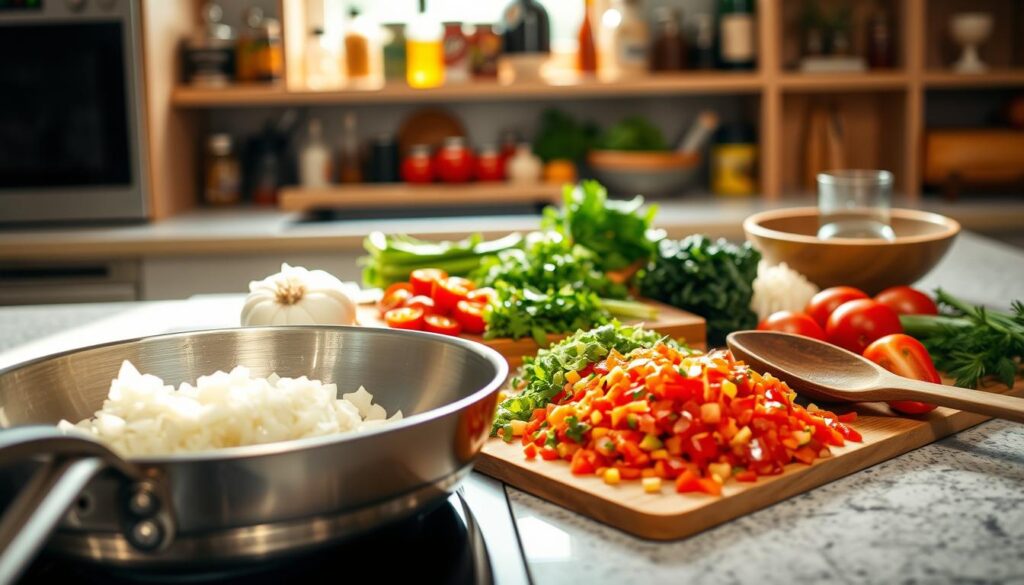 A beautifully arranged kitchen countertop featuring a variety of fresh ingredients for spaghetti bolognese: diced onions, minced garlic, chopped tomatoes, and herbs, all in vibrant colors. In the foreground, a large, silver frying pan sits ready on the stovetop, with a wooden spoon resting on the side. In the middle ground, a cutting board displays a mix of finely diced vegetables, with a gentle stream of natural light illuminating the scene from a window, creating a warm and inviting atmosphere. The background features blurred kitchen shelves filled with spices and cooking tools, emphasizing a homey, professional cooking environment. The overall mood is one of preparation, anticipation, and culinary art, perfect for illustrating the process of readying key ingredients and equipment for a traditional dish. A beautifully arranged kitchen countertop featuring a variety of fresh ingredients for spaghetti bolognese: diced onions, minced garlic, chopped tomatoes, and herbs, all in vibrant colors. In the foreground, a large, silver frying pan sits ready on the stovetop, with a wooden spoon resting on the side. In the middle ground, a cutting board displays a mix of finely diced vegetables, with a gentle stream of natural light illuminating the scene from a window, creating a warm and inviting atmosphere. The background features blurred kitchen shelves filled with spices and cooking tools, emphasizing a homey, professional cooking environment. The overall mood is one of preparation, anticipation, and culinary art, perfect for illustrating the process of readying key ingredients and equipment for a traditional dish.