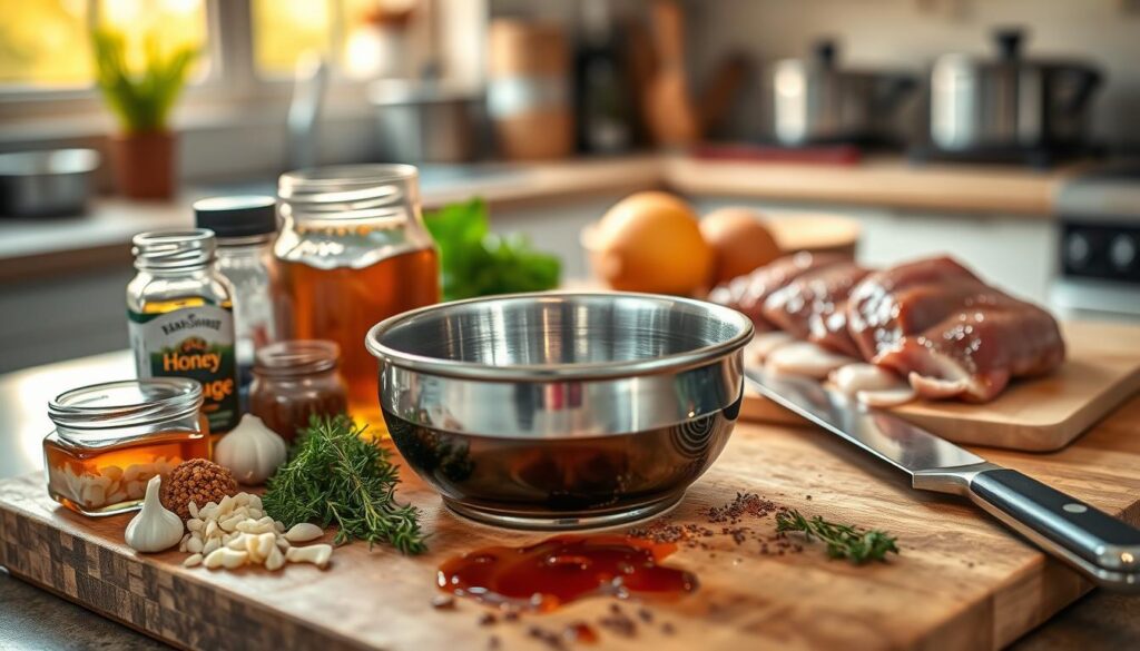 A beautifully arranged kitchen countertop featuring a wooden cutting board with various spices and herbs laid out for marinating duck breast. The foreground showcases jars of ingredients such as soy sauce, honey, freshly chopped garlic, and thyme, with a sleek knife nearby. In the middle, a stainless steel bowl holds a rich, dark marinade with glistening droplets of ingredients reflecting the light. The background includes blurred kitchen elements like pots and a window letting in warm, natural light, creating a cozy atmosphere. The image should capture the meticulous preparation process, illustrated with vibrant colors and sharp focus, conveying a sense of culinary elegance and sophistication.