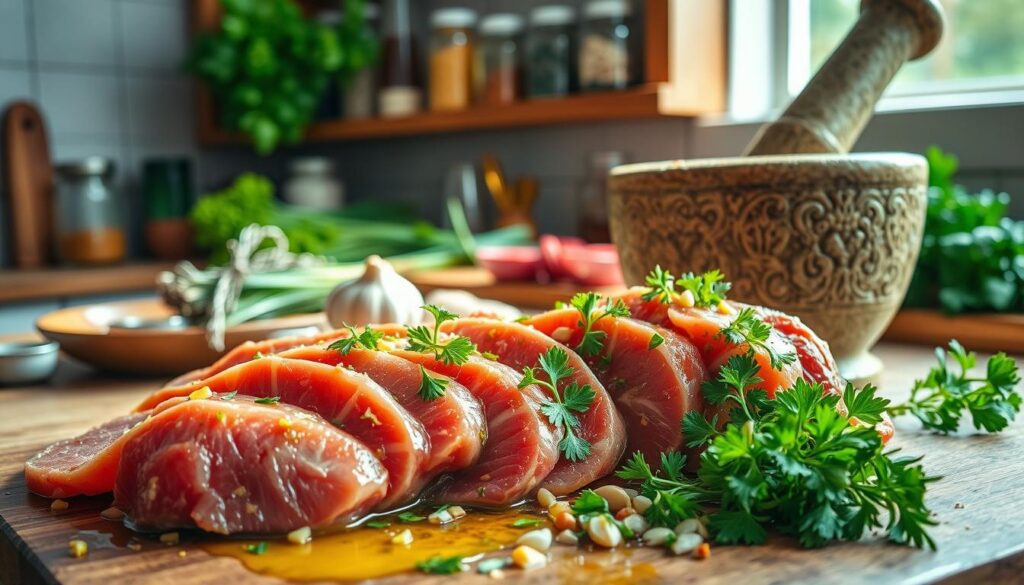 A beautifully arranged kitchen countertop showcasing the preparation of meat and a vibrant herb marinade. In the foreground, slices of tender meat marinated in a glistening mixture of olive oil, garlic, and a colorful blend of fresh herbs like rosemary, thyme, and parsley, create an inviting display. In the middle ground, a stone mortar and pestle, partially filled with crushed garlic and herbs, hints at the process of creating the marinade. The background features rustic wooden shelves with jars of spices and fresh vegetables, evocative of a warm, cozy kitchen atmosphere. Soft, natural lighting streams in from a nearby window, illuminating the fresh ingredients. The overall mood is fresh and earthy, reflecting the care and artistry in preparing a flavorful marinade.