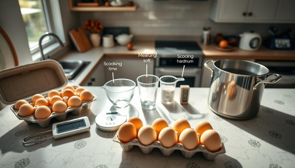 A beautifully arranged kitchen countertop showcasing various factors affecting cooking time for eggs. In the foreground, a fresh dozen eggs in a classic carton, a timer, and a pot of boiling water. The middle ground features a digital thermometer, measuring tools like a measuring cup, and a variety of cooking settings such as soft, medium, and hard-boiled displayed visually with color indicators. In the background, a softly lit kitchen with natural light streaming in through a window, casting gentle shadows, creating a warm, inviting atmosphere. The angle is from above, capturing the organized chaos of cooking essentials, evoking a sense of culinary exploration and precise cooking techniques.