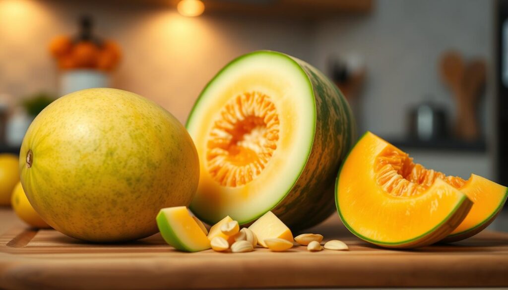A beautifully arranged kitchen scene featuring a whole ripe melon and a sliced melon on a wooden cutting board. In the foreground, the whole melon is positioned on the left, showcasing its vibrant green rind and smooth surface, while the sliced melon on the right reveals its juicy orange flesh. In the middle, a few melon seeds and soft, juicy pieces are scattered elegantly. The background features a softly blurred kitchen with warm, inviting lighting, emphasizing the freshness of the fruit. The angle captures the textures of the melon skin and flesh in focus, enhancing the appetizing look. The overall atmosphere is inviting and fresh, perfect for showcasing fruit storage ideas. A beautifully arranged kitchen scene featuring a whole ripe melon and a sliced melon on a wooden cutting board. In the foreground, the whole melon is positioned on the left, showcasing its vibrant green rind and smooth surface, while the sliced melon on the right reveals its juicy orange flesh. In the middle, a few melon seeds and soft, juicy pieces are scattered elegantly. The background features a softly blurred kitchen with warm, inviting lighting, emphasizing the freshness of the fruit. The angle captures the textures of the melon skin and flesh in focus, enhancing the appetizing look. The overall atmosphere is inviting and fresh, perfect for showcasing fruit storage ideas.