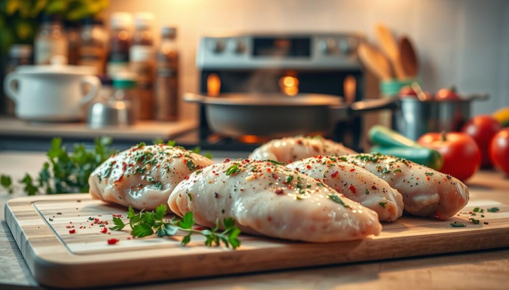 A beautifully arranged kitchen scene featuring marinated chicken breasts ready for baking. In the foreground, the marinated chicken breasts are placed on a stylish cutting board, glistening with vibrant spices and herbs. The middle of the image showcases an oven preheating, with a cast iron skillet in view, as the aroma of cooking fills the air. In the background, a neatly organized spice rack and fresh vegetables add color and vibrancy to the setting. Soft, warm lighting illuminates the scene, creating a cozy and inviting atmosphere. The composition is shot from a slightly elevated angle, capturing the textures and colors of the ingredients, evoking a sense of home cooking and culinary delight. The image should be devoid of any text or branding.