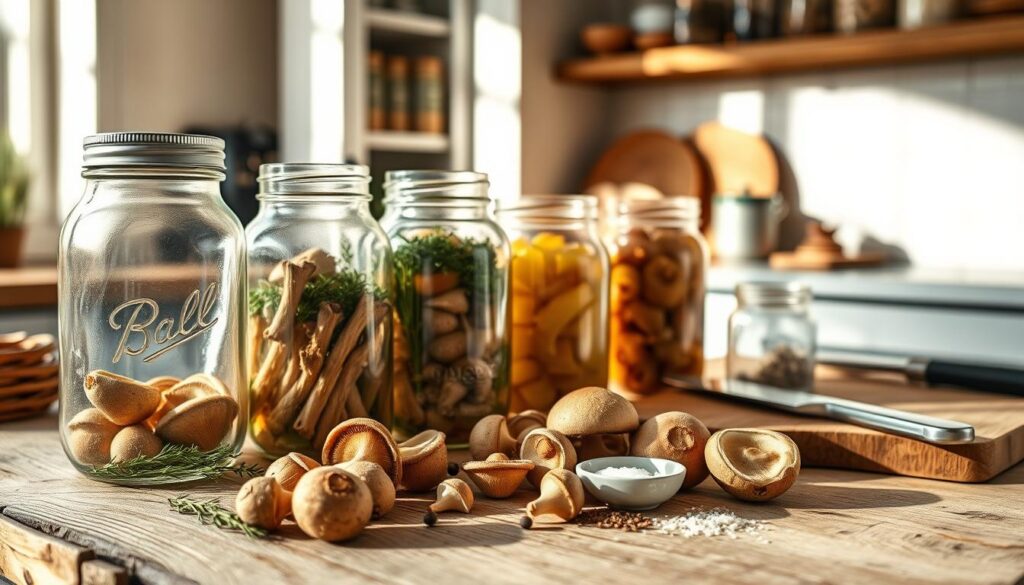 A beautifully arranged kitchen scene focused on preparing jars for mushroom preserves. In the foreground, an array of clean, glass jars of various sizes sit next to freshly picked wild mushrooms, showcasing their earthy tones and textures. On a rustic wooden table, there are herbs and spices, such as thyme and pepper, alongside a small bowl of salt. In the middle ground, a sunlight-dappled countertop features a knife and cutting board, hinting at the process of slicing mushrooms. The background reveals a softly blurred kitchen environment, filled with warm neutral tones and natural elements like wooden shelves holding additional jars. The lighting is warm and inviting, creating a cozy atmosphere that emphasizes the connection to nature. A beautifully arranged kitchen scene focused on preparing jars for mushroom preserves. In the foreground, an array of clean, glass jars of various sizes sit next to freshly picked wild mushrooms, showcasing their earthy tones and textures. On a rustic wooden table, there are herbs and spices, such as thyme and pepper, alongside a small bowl of salt. In the middle ground, a sunlight-dappled countertop features a knife and cutting board, hinting at the process of slicing mushrooms. The background reveals a softly blurred kitchen environment, filled with warm neutral tones and natural elements like wooden shelves holding additional jars. The lighting is warm and inviting, creating a cozy atmosphere that emphasizes the connection to nature.