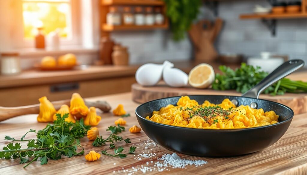 A beautifully arranged kitchen scene focused on the art of seasoning scrambled eggs with chanterelle mushrooms. In the foreground, a frying pan simmers with golden, fluffy scrambled eggs sprinkled with vibrant yellow chanterelles, creating an inviting contrast. Fragrant herbs and a pinch of salt are scattered nearby, symbolizing the seasoning process. The middle ground displays a rustic wooden cutting board adorned with fresh ingredients like parsley and chives, adding color and life to the scene. The background features warm kitchen elements, like wooden shelves with spices and a softly glowing window letting in natural light. The atmosphere is cozy and inviting, perfect for illustrating the warmth of cooking. The image captures the rich textures and colors of the ingredients, creating an appetizing and homely feel. A beautifully arranged kitchen scene focused on the art of seasoning scrambled eggs with chanterelle mushrooms. In the foreground, a frying pan simmers with golden, fluffy scrambled eggs sprinkled with vibrant yellow chanterelles, creating an inviting contrast. Fragrant herbs and a pinch of salt are scattered nearby, symbolizing the seasoning process. The middle ground displays a rustic wooden cutting board adorned with fresh ingredients like parsley and chives, adding color and life to the scene. The background features warm kitchen elements, like wooden shelves with spices and a softly glowing window letting in natural light. The atmosphere is cozy and inviting, perfect for illustrating the warmth of cooking. The image captures the rich textures and colors of the ingredients, creating an appetizing and homely feel.