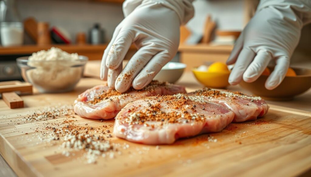 A beautifully arranged kitchen scene focused on the preparation of meat before breading. In the foreground, a close-up of seasoned pork chops lays on a wooden cutting board, sprinkled with a mix of spices like paprika, garlic powder, and black pepper. A pair of hands, wearing modest kitchen gloves, expertly massage the seasoning into the meat, showcasing the texture and juiciness. In the middle ground, a well-organized countertop displays bowls of ingredients — breadcrumbs, flour, and eggs, all in vibrant colors and shapes. The background reveals a warm kitchen with soft, natural lighting, enhancing the inviting ambiance. Use a shallow depth of field to keep the focus sharp on the meat and hands, creating an engaging atmosphere that emphasizes the art of seasoning before cooking. A beautifully arranged kitchen scene focused on the preparation of meat before breading. In the foreground, a close-up of seasoned pork chops lays on a wooden cutting board, sprinkled with a mix of spices like paprika, garlic powder, and black pepper. A pair of hands, wearing modest kitchen gloves, expertly massage the seasoning into the meat, showcasing the texture and juiciness. In the middle ground, a well-organized countertop displays bowls of ingredients — breadcrumbs, flour, and eggs, all in vibrant colors and shapes. The background reveals a warm kitchen with soft, natural lighting, enhancing the inviting ambiance. Use a shallow depth of field to keep the focus sharp on the meat and hands, creating an engaging atmosphere that emphasizes the art of seasoning before cooking.