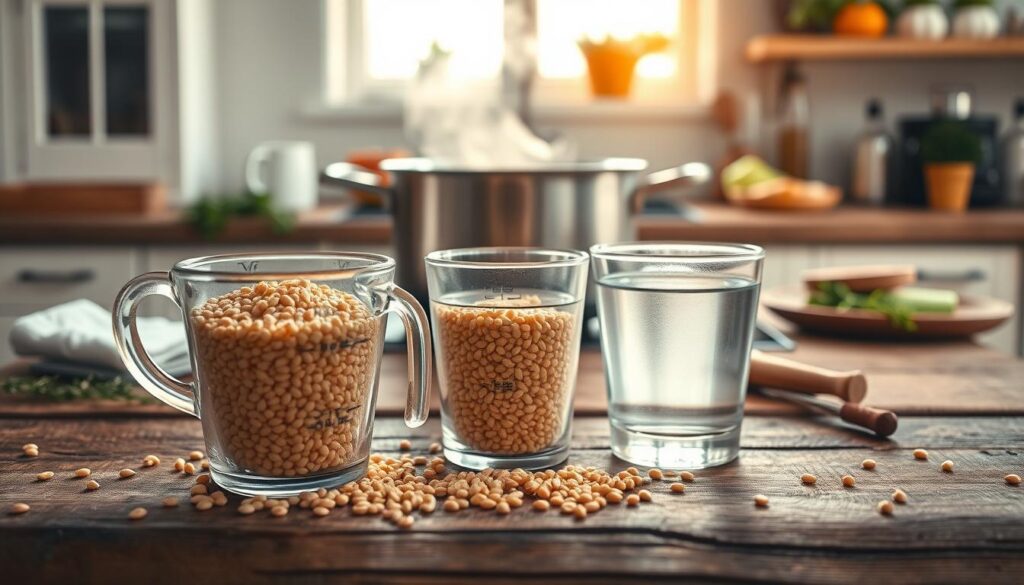A beautifully arranged kitchen scene showcasing the perfect proportions of millet grain to water for cooking. In the foreground, a rustic wooden table holds a clear measuring cup filled with millet grains and another cup filled with water, both surrounded by scattered grains. In the middle, an elegant pot on a stove simmers gently with a soft steam rising, suggesting a cooking process. The background features a cozy kitchen with warm, natural lighting from a window, illuminating the scene with a soft glow. Ingredients like fresh herbs and vegetables are subtly placed around, enhancing the atmosphere. The mood is inviting and homey, perfect for a culinary setting focused on achieving ideal texture in food. A beautifully arranged kitchen scene showcasing the perfect proportions of millet grain to water for cooking. In the foreground, a rustic wooden table holds a clear measuring cup filled with millet grains and another cup filled with water, both surrounded by scattered grains. In the middle, an elegant pot on a stove simmers gently with a soft steam rising, suggesting a cooking process. The background features a cozy kitchen with warm, natural lighting from a window, illuminating the scene with a soft glow. Ingredients like fresh herbs and vegetables are subtly placed around, enhancing the atmosphere. The mood is inviting and homey, perfect for a culinary setting focused on achieving ideal texture in food.