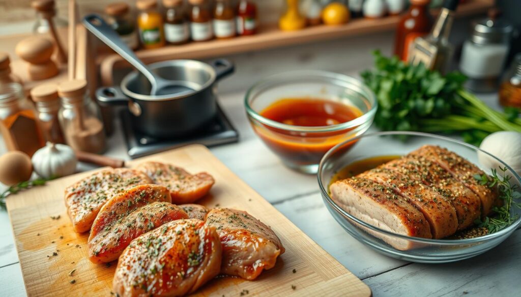 A beautifully arranged kitchen scene showcasing the preparation of a marinade and pork tenderloin. In the foreground, a cutting board displays marinated pork slices, glistening with rich spices. Nearby, a bowl is filled with a vibrant mix of herbs, garlic, and olive oil, indicating the marinade mixture. In the middle ground, a set of kitchen utensils and a small pot of simmering sauce can be seen, giving a sense of a busy cooking environment. The background features softly blurred shelves with various spices and condiments, enhancing the culinary theme. The lighting is warm and inviting, creating a cozy, homely atmosphere. The angle is slightly overhead, providing a comprehensive view of the preparation area, making it feel engaging and informative.