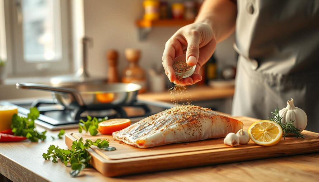 A beautifully arranged kitchen scene showcasing the preparation of "miętus" fish, featuring a fresh fillet on a cutting board next to an array of colorful ingredients like herbs, lemon slices, and garlic. In the foreground, a chef in modest casual clothing skillfully seasons the fish, using a sprinkle of seasoning from a small bowl. The middle of the scene includes a frying pan on the stove with hot oil, reflecting a warm, inviting light. In the background, soft-focus shelves filled with spices and cooking utensils add depth. The mood is warm and homey, illuminated by natural sunlight streaming through a window, creating a vibrant and appetizing atmosphere perfect for showcasing delicious home-cooked meals. A beautifully arranged kitchen scene showcasing the preparation of "miętus" fish, featuring a fresh fillet on a cutting board next to an array of colorful ingredients like herbs, lemon slices, and garlic. In the foreground, a chef in modest casual clothing skillfully seasons the fish, using a sprinkle of seasoning from a small bowl. The middle of the scene includes a frying pan on the stove with hot oil, reflecting a warm, inviting light. In the background, soft-focus shelves filled with spices and cooking utensils add depth. The mood is warm and homey, illuminated by natural sunlight streaming through a window, creating a vibrant and appetizing atmosphere perfect for showcasing delicious home-cooked meals.