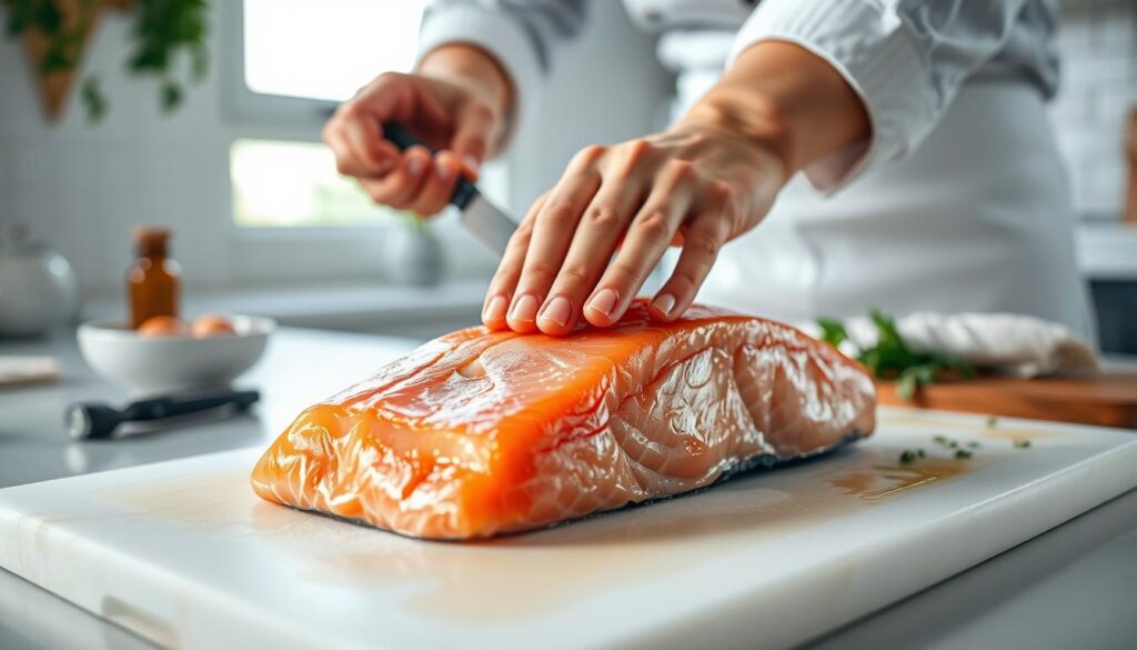 A beautifully arranged kitchen setting with a fillet of fresh salmon being patted dry on a clean cutting board, bright natural light filtering through a nearby window. In the foreground, highlight the shimmering, skin-side of the salmon, moist yet glistening, while the chef’s hands, dressed in a white apron and modest clothing, gently handle the fish, showcasing technique. In the middle, focus on the kitchen utensils like a sharp knife and a paper towel, emphasizing the preparation process before frying. The background features soft-focus hints of herbs and spices arranged artistically on a countertop, creating an inviting and warm cooking atmosphere, evoking a sense of culinary precision and care. The overall mood is professional and encouraging, perfect for home cooks aiming for perfection. A beautifully arranged kitchen setting with a fillet of fresh salmon being patted dry on a clean cutting board, bright natural light filtering through a nearby window. In the foreground, highlight the shimmering, skin-side of the salmon, moist yet glistening, while the chef’s hands, dressed in a white apron and modest clothing, gently handle the fish, showcasing technique. In the middle, focus on the kitchen utensils like a sharp knife and a paper towel, emphasizing the preparation process before frying. The background features soft-focus hints of herbs and spices arranged artistically on a countertop, creating an inviting and warm cooking atmosphere, evoking a sense of culinary precision and care. The overall mood is professional and encouraging, perfect for home cooks aiming for perfection.