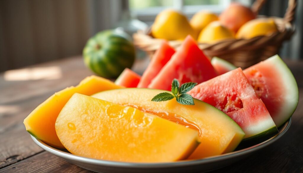 A beautifully arranged plate of fresh, ripe melon slices, showcasing vibrant colors and textures. In the foreground, the juicy, orange flesh of the cantaloupe glistens with a slight sheen, next to bright green honeydew and the striking pinkish-red of watermelon, all garnished with a sprig of mint for a pop of freshness. The middle ground features a rustic wooden table, enhancing the natural feel of the scene. Soft, diffused sunlight pours in from a nearby window, casting a warm glow and gentle shadows across the surface, hinting at a cozy kitchen atmosphere. The background features softly blurred fruits in a basket, evoking a sense of abundance and inviting the viewer to savor the moment of enjoying fresh melon. The overall mood is bright, fresh, and inviting. A beautifully arranged plate of fresh, ripe melon slices, showcasing vibrant colors and textures. In the foreground, the juicy, orange flesh of the cantaloupe glistens with a slight sheen, next to bright green honeydew and the striking pinkish-red of watermelon, all garnished with a sprig of mint for a pop of freshness. The middle ground features a rustic wooden table, enhancing the natural feel of the scene. Soft, diffused sunlight pours in from a nearby window, casting a warm glow and gentle shadows across the surface, hinting at a cozy kitchen atmosphere. The background features softly blurred fruits in a basket, evoking a sense of abundance and inviting the viewer to savor the moment of enjoying fresh melon. The overall mood is bright, fresh, and inviting.
