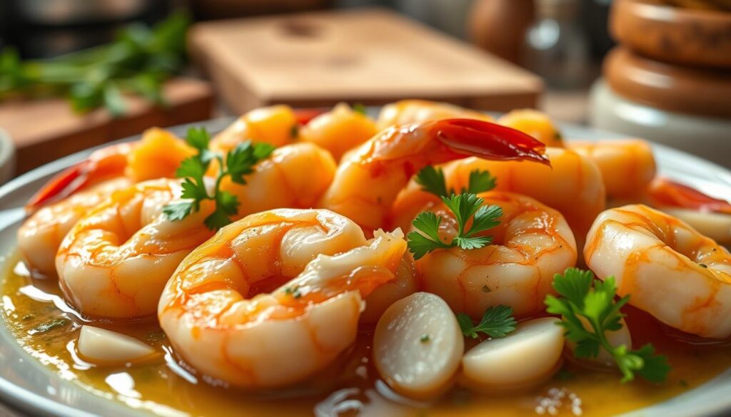 A beautifully arranged plate of succulent shrimp sautéed in rich, golden garlic butter, glistening with a hint of herbs. In the foreground, focus closely on the perfectly cooked shrimp, their vibrant pink color contrasting against the melting butter. The middle ground features a scattering of fresh parsley and sliced garlic, adding a burst of green and white to the scene. In the background, a softly blurred kitchen setting enhances the warmth of the culinary atmosphere, with hints of rustic wooden cutting boards and cooking utensils. Soft, natural lighting bathes the dish, creating an inviting and appetizing glow. The overall mood is warm and cozy, perfect for illustrating a home-cooked meal experience. A beautifully arranged plate of succulent shrimp sautéed in rich, golden garlic butter, glistening with a hint of herbs. In the foreground, focus closely on the perfectly cooked shrimp, their vibrant pink color contrasting against the melting butter. The middle ground features a scattering of fresh parsley and sliced garlic, adding a burst of green and white to the scene. In the background, a softly blurred kitchen setting enhances the warmth of the culinary atmosphere, with hints of rustic wooden cutting boards and cooking utensils. Soft, natural lighting bathes the dish, creating an inviting and appetizing glow. The overall mood is warm and cozy, perfect for illustrating a home-cooked meal experience.