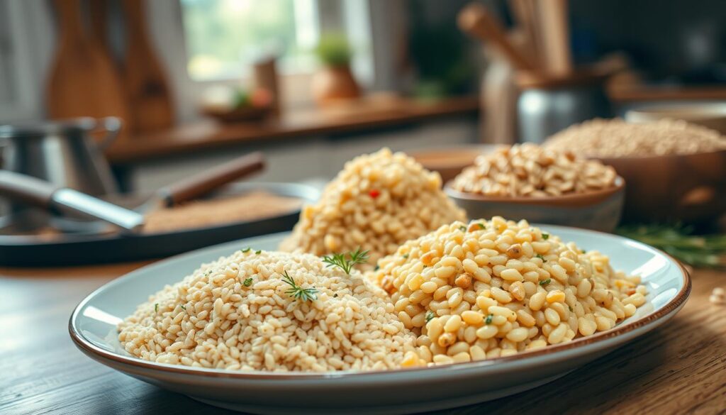 A beautifully arranged plate showcasing three types of cooked grains: buckwheat, millet, and barley. In the foreground, the buckwheat is presented with a light brown color, sprinkled with fresh herbs for that added touch of vibrancy. The millet, fluffy and golden, sits beside the buckwheat, garnished with a few colorful vegetables. The barley, with its slightly chewy texture, is served in a rustic bowl, adding to the natural appeal. The background features a warm kitchen setting, softly lit by natural light coming through a window, creating a cozy atmosphere. A wooden table complements the grains, with some cooking utensils subtly placed to enhance the culinary theme. The overall mood is inviting and wholesome, perfect for illustrating healthy cooking practices. A beautifully arranged plate showcasing three types of cooked grains: buckwheat, millet, and barley. In the foreground, the buckwheat is presented with a light brown color, sprinkled with fresh herbs for that added touch of vibrancy. The millet, fluffy and golden, sits beside the buckwheat, garnished with a few colorful vegetables. The barley, with its slightly chewy texture, is served in a rustic bowl, adding to the natural appeal. The background features a warm kitchen setting, softly lit by natural light coming through a window, creating a cozy atmosphere. A wooden table complements the grains, with some cooking utensils subtly placed to enhance the culinary theme. The overall mood is inviting and wholesome, perfect for illustrating healthy cooking practices.