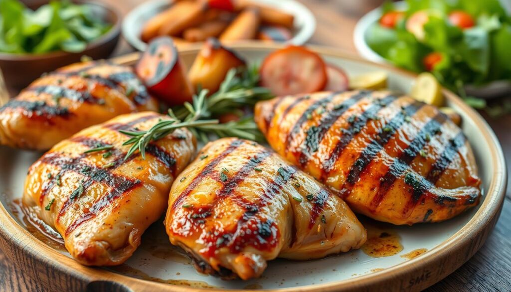 A beautifully arranged platter of marinated chicken breasts, both roasted and grilled to perfection, showcasing a golden-brown glaze and appetizing grill marks. In the foreground, focus on tender, succulent chicken pieces garnished with fresh herbs like rosemary and thyme, enhancing their rich aroma. In the middle ground, there are vibrant side dishes, such as grilled vegetables and a light green salad, complementing the protein. The background features a rustic wooden table, evoking a homey atmosphere with warm, soft lighting that suggests a cozy kitchen setting. The image is taken from a slightly overhead angle, allowing for an inviting presentation that highlights the textures and colors of the dish, enhancing the overall mood of comfort and satisfaction. A beautifully arranged platter of marinated chicken breasts, both roasted and grilled to perfection, showcasing a golden-brown glaze and appetizing grill marks. In the foreground, focus on tender, succulent chicken pieces garnished with fresh herbs like rosemary and thyme, enhancing their rich aroma. In the middle ground, there are vibrant side dishes, such as grilled vegetables and a light green salad, complementing the protein. The background features a rustic wooden table, evoking a homey atmosphere with warm, soft lighting that suggests a cozy kitchen setting. The image is taken from a slightly overhead angle, allowing for an inviting presentation that highlights the textures and colors of the dish, enhancing the overall mood of comfort and satisfaction.
