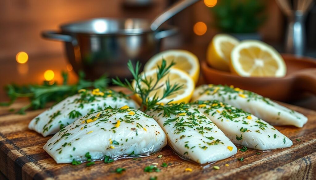 A beautifully arranged scene featuring marinated cod fillets, glistening with a vibrant mix of herbs and spices, set on a rustic wooden cutting board. In the foreground, the fillets are coated with a mixture of parsley, dill, lemon zest, and garlic, giving an inviting look. In the middle, delicate sprigs of fresh herbs and sliced lemons are artfully placed around the fish, enhancing the composition. In the background, soft bokeh effects create a kitchen setting with warm, inviting lighting that mimics the golden hour, highlighting the cooking utensils. The mood is cozy and appetizing, inviting viewers to explore the culinary delights of marinating fish. Perfectly captured from a slightly elevated angle to showcase the textures of the fish and marinade without any distractions.