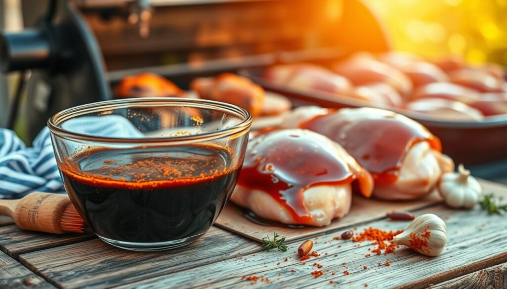 A beautifully arranged scene focusing on marinating chicken thighs in a flavorful barbecue marinade, set on a rustic wooden table. In the foreground, a glass bowl filled with a rich, dark brown marinade glistens with spices, alongside a basting brush. In the middle layer, raw chicken thighs are coated in the marinade, creating a glossy sheen that highlights the texture of the meat. Various herbs and spices, such as paprika and garlic, are artistically scattered around for added detail. The background shows a softly blurred outdoor barbecue grill, with warm, golden sunlight filtering in, creating an inviting, mouth-watering atmosphere. The image captures the essence of preparing the perfect barbecue meal, emphasizing the marination process with clarity and vibrancy. A beautifully arranged scene focusing on marinating chicken thighs in a flavorful barbecue marinade, set on a rustic wooden table. In the foreground, a glass bowl filled with a rich, dark brown marinade glistens with spices, alongside a basting brush. In the middle layer, raw chicken thighs are coated in the marinade, creating a glossy sheen that highlights the texture of the meat. Various herbs and spices, such as paprika and garlic, are artistically scattered around for added detail. The background shows a softly blurred outdoor barbecue grill, with warm, golden sunlight filtering in, creating an inviting, mouth-watering atmosphere. The image captures the essence of preparing the perfect barbecue meal, emphasizing the marination process with clarity and vibrancy.