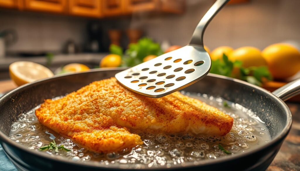 A beautifully arranged scene showcasing a golden-battered fish fillet frying in a well-seasoned skillet, with the fish's crispy coating shimmering under the warm kitchen lights. The foreground features the sizzling fish, with bubbles rising in the oil, highlighting its texture. In the middle, a slotted spatula is poised to lift the fish, with fresh herbs sprinkled around for color. The background displays a cozy kitchen setting with wooden cabinets and fresh vegetables like lemon and parsley, creating an inviting atmosphere. The lighting is soft and warm, focusing on the fish, evoking a feeling of home-cooked comfort. The shot is taken from a slightly elevated angle, allowing for an engaging view of the cooking process. A beautifully arranged scene showcasing a golden-battered fish fillet frying in a well-seasoned skillet, with the fish's crispy coating shimmering under the warm kitchen lights. The foreground features the sizzling fish, with bubbles rising in the oil, highlighting its texture. In the middle, a slotted spatula is poised to lift the fish, with fresh herbs sprinkled around for color. The background displays a cozy kitchen setting with wooden cabinets and fresh vegetables like lemon and parsley, creating an inviting atmosphere. The lighting is soft and warm, focusing on the fish, evoking a feeling of home-cooked comfort. The shot is taken from a slightly elevated angle, allowing for an engaging view of the cooking process.