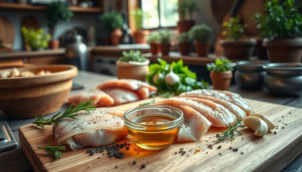 A beautifully arranged scene showcasing the marination process of duck breast. In the foreground, a wooden cutting board displays raw duck breasts surrounded by an array of vivid spices such as rosemary, thyme, garlic, and cracked black pepper. A small bowl filled with a golden marinade glistens, hinting at its rich ingredients. The middle ground features a well-organized kitchen setting, with a rustic wooden table and pots of fresh herbs. In the background, soft natural light streams through a nearby window, casting a warm glow over the whole scene, enhancing the inviting atmosphere. The camera angle is slightly above eye level, providing a clear view of the preparation stage. The mood should evoke a sense of gourmet cooking, appealing and sophisticated, perfect for a culinary article.