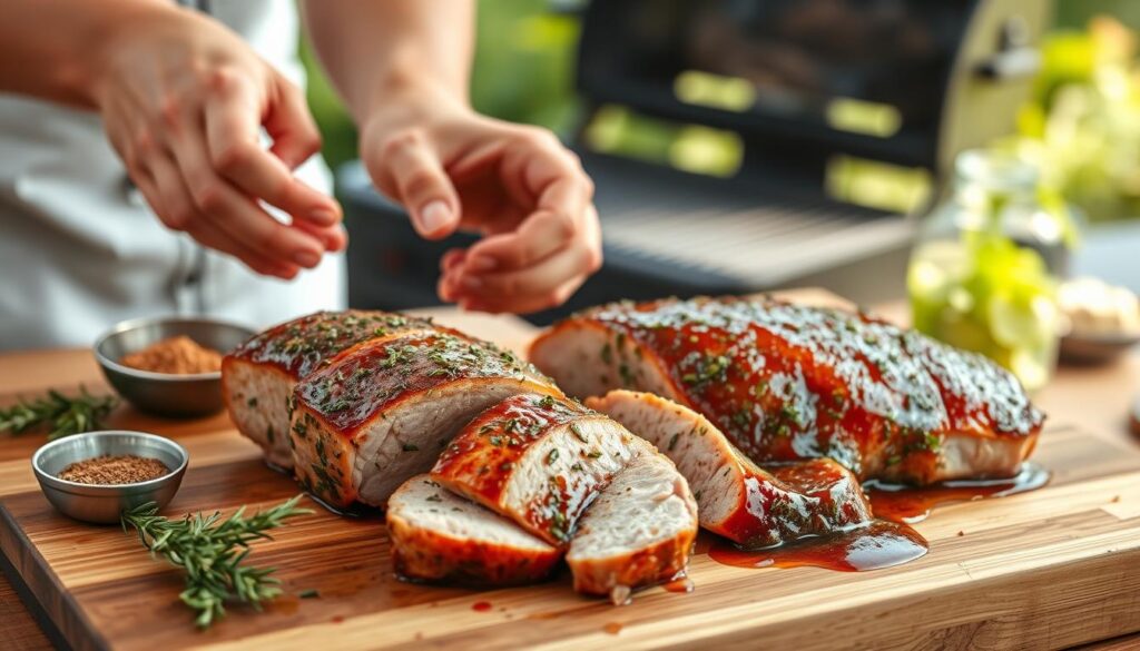 A beautifully arranged scene showcasing the preparation of marinated pork tenderloin for grilling. In the foreground, a wooden cutting board holds a neatly trimmed pork tenderloin, coated with a glossy, herb-filled marinade, glistening under soft natural light. Beside it, fresh herbs like rosemary and thyme, along with a small bowl of spices, emphasize the ingredients’ freshness. In the middle ground, a pair of hands, dressed in casual cooking attire, gently massaging the marinade into the meat, captures the cooking process. The background features an outdoor grill, blurred but suggestive of summer grilling vibes, with greenery softly out of focus, creating a warm and inviting atmosphere. The image should evoke a sense of anticipation and culinary excitement, perfect for an article on grilling techniques. A beautifully arranged scene showcasing the preparation of marinated pork tenderloin for grilling. In the foreground, a wooden cutting board holds a neatly trimmed pork tenderloin, coated with a glossy, herb-filled marinade, glistening under soft natural light. Beside it, fresh herbs like rosemary and thyme, along with a small bowl of spices, emphasize the ingredients’ freshness. In the middle ground, a pair of hands, dressed in casual cooking attire, gently massaging the marinade into the meat, captures the cooking process. The background features an outdoor grill, blurred but suggestive of summer grilling vibes, with greenery softly out of focus, creating a warm and inviting atmosphere. The image should evoke a sense of anticipation and culinary excitement, perfect for an article on grilling techniques.