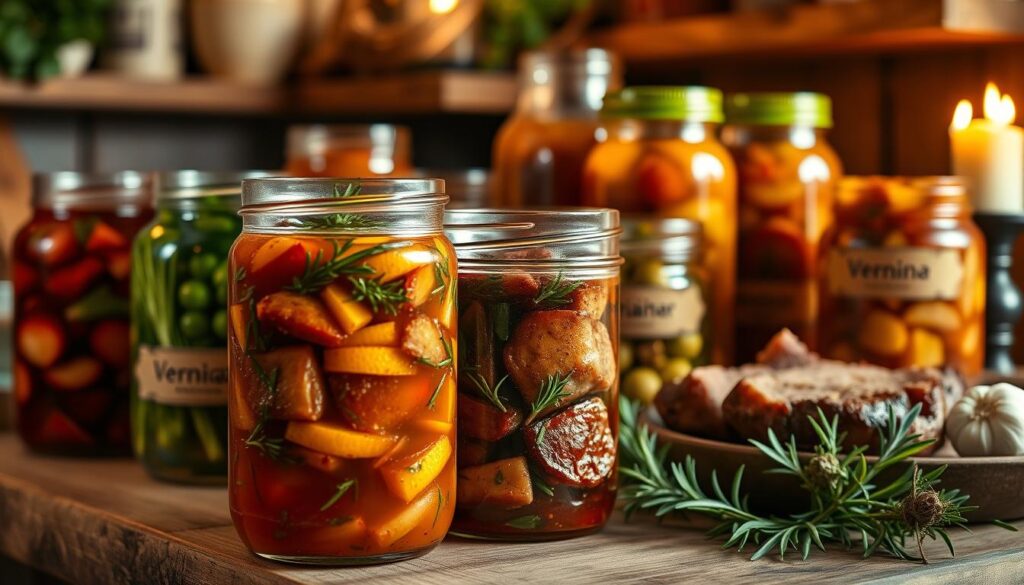 A beautifully arranged selection of marinated venison showcased in various jars, each jar filled with colorful and distinct marinades like citrus, herbs, and spices. In the foreground, focus on a jar of venison marinated in a rich, aromatic mixture, with herbs like rosemary and thyme freshly sprinkled on top. The middle layer features more jars with different marinades, clearly labeled with natural ingredients like garlic and black pepper, creating depth. The background shows a rustic kitchen setting, with wooden surfaces, warm candlelight, and hints of greenery suggesting freshness. The lighting is warm and inviting, casting soft shadows, enhancing the homemade and traditional atmosphere. The overall mood is cozy and welcoming, reflecting the culinary heritage of marinating game meat.