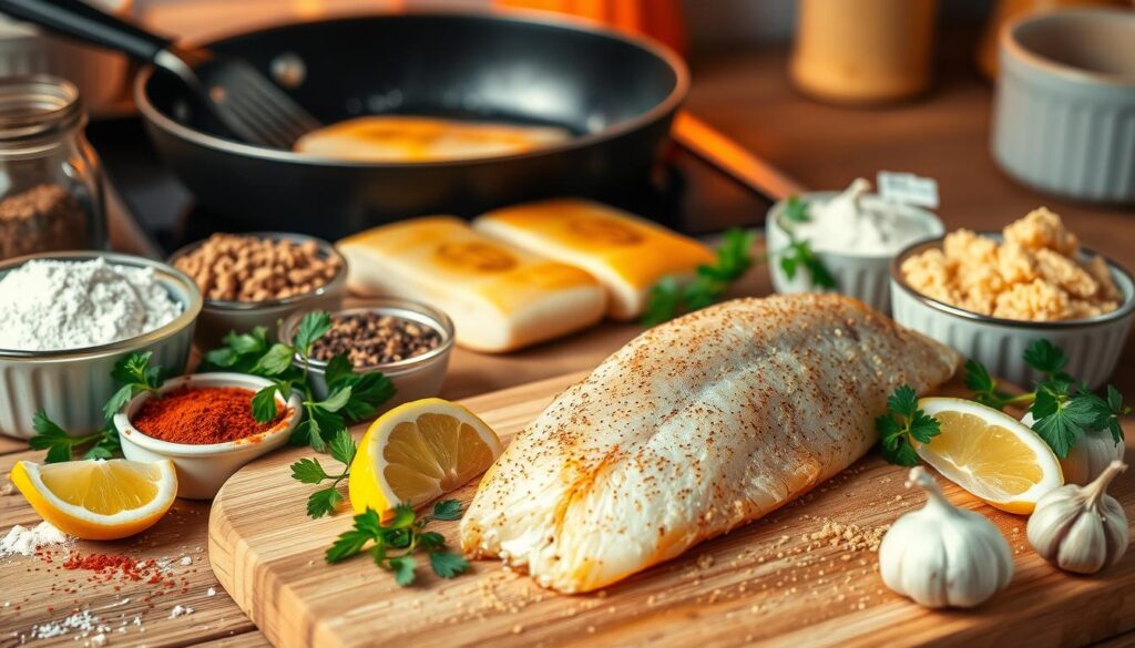 A beautifully arranged set of ingredients for frying a fish in crispy batter, featuring a fresh fillet of catfish surrounded by bowls of flour, breadcrumbs, and spices like paprika and black pepper. In the foreground, a wooden cutting board displays fresh herbs, lemon wedges, and garlic cloves, adding vibrant colors. The middle ground shows a frying pan with sizzling oil, with golden-brown fish fillets just emerging from the pan. The background softly blurs a cozy kitchen setting with warm lighting, enhancing the inviting atmosphere. The image captures the essence of a homely cooking scene, emphasizing freshness and culinary delight without any text or distractions. A beautifully arranged set of ingredients for frying a fish in crispy batter, featuring a fresh fillet of catfish surrounded by bowls of flour, breadcrumbs, and spices like paprika and black pepper. In the foreground, a wooden cutting board displays fresh herbs, lemon wedges, and garlic cloves, adding vibrant colors. The middle ground shows a frying pan with sizzling oil, with golden-brown fish fillets just emerging from the pan. The background softly blurs a cozy kitchen setting with warm lighting, enhancing the inviting atmosphere. The image captures the essence of a homely cooking scene, emphasizing freshness and culinary delight without any text or distractions.