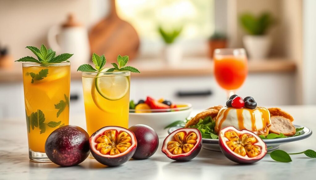 A beautifully arranged table showcasing a variety of dishes and drinks that incorporate passion fruit, with the vibrant yellow-orange and purple skin of the fruit prominently displayed. In the foreground, a refreshing passion fruit mojito garnished with mint leaves and slices of lime, alongside a delicate dessert of passion fruit panna cotta topped with fresh berries. In the middle ground, a colorful salad featuring arugula, grilled chicken, and a passion fruit vinaigrette. The background softly blurs with a warm, inviting kitchen setting, illuminated by natural light streaming through a window. The mood is fresh and vibrant, capturing the essence of culinary creativity and the tropical flavor of passion fruit. The image is composed with a slight top-down angle to enhance visual appeal, focusing on the interplay of textures and colors.