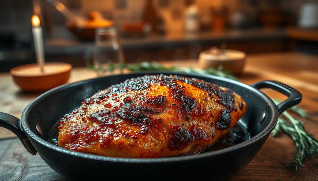 A beautifully browned chicken breast sizzling in a skillet, showcasing a crispy golden crust with droplets of moisture glistening on the surface. The focus is on the foreground, capturing the juicy texture of the meat, with steam rising gently, hinting at its succulence. In the middle, the skillet is placed on a rustic wooden tabletop, surrounded by fresh herbs like thyme and rosemary for a touch of color. The background features a softly blurred kitchen environment illuminated by warm, ambient lighting, creating a cozy and inviting atmosphere. The angle is slightly overhead, emphasizing the chicken's delectable appearance. The overall mood is warm and appetizing, evoking a sense of home cooking and culinary delight. A beautifully browned chicken breast sizzling in a skillet, showcasing a crispy golden crust with droplets of moisture glistening on the surface. The focus is on the foreground, capturing the juicy texture of the meat, with steam rising gently, hinting at its succulence. In the middle, the skillet is placed on a rustic wooden tabletop, surrounded by fresh herbs like thyme and rosemary for a touch of color. The background features a softly blurred kitchen environment illuminated by warm, ambient lighting, creating a cozy and inviting atmosphere. The angle is slightly overhead, emphasizing the chicken's delectable appearance. The overall mood is warm and appetizing, evoking a sense of home cooking and culinary delight.