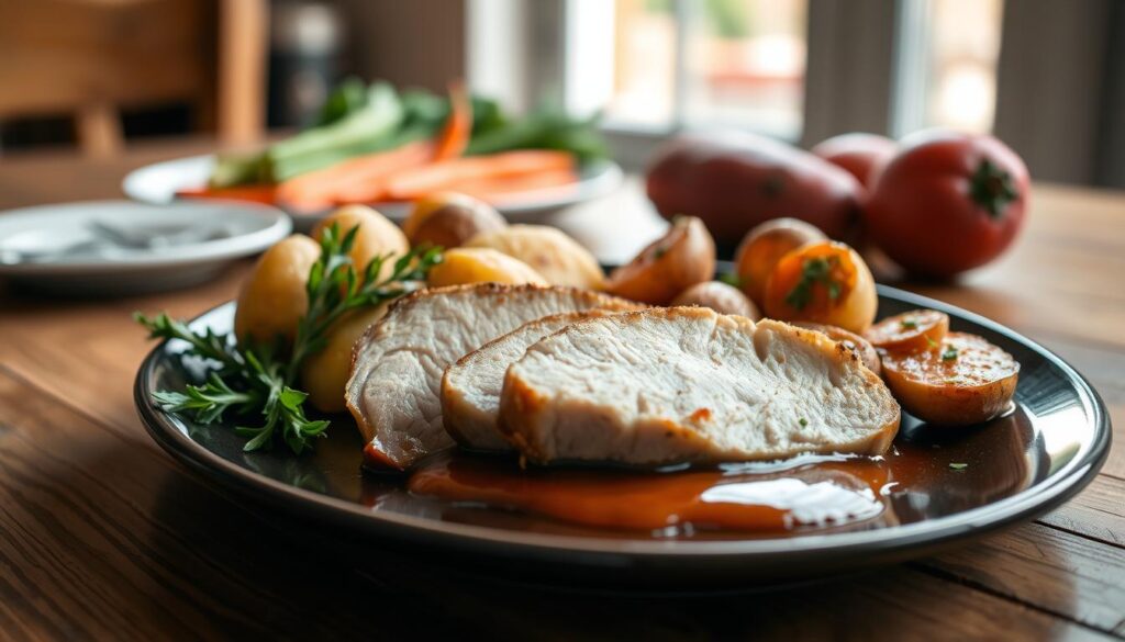A beautifully plated dish of pork tenderloin slices arranged elegantly on a wooden table. The tenderloin is golden-brown, glistening with a rich, savory sauce pooling at the base. Beside it, perfectly roasted baby potatoes, with a crispy exterior and sprinkled with fresh herbs, adding a pop of vibrant green. In the background, blurred-out seasonal vegetables add color and a hint of contrast. The scene is softly illuminated by natural light coming from a window, casting gentle shadows that enhance the textures of the food. The atmosphere is warm and inviting, evoking a sense of comfort and culinary delight, making it perfect for food enthusiasts. No people or text are present, focusing solely on the dish to highlight the art of plating.