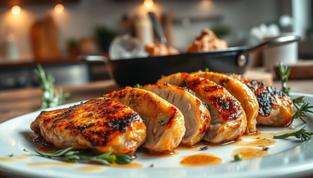 A beautifully plated pan-seared chicken dish, showcasing juicy pieces of chicken with a golden-brown, crispy skin. The foreground features a close-up of the meat, cut to reveal its tender, moist interior, enhanced by a drizzle of savory herb sauce. In the middle ground, a steaming hot skillet sits on a rustic wooden table, with herbs like rosemary and thyme scattered around. The background incorporates a soft-focus kitchen setting, with warm, inviting lighting illuminating the scene, creating a cozy atmosphere. The lens captures the richness of the colors and textures, emphasizing the allure of perfectly cooked chicken. No text or distractions present, just the essence of cooking mastery on display. A beautifully plated pan-seared chicken dish, showcasing juicy pieces of chicken with a golden-brown, crispy skin. The foreground features a close-up of the meat, cut to reveal its tender, moist interior, enhanced by a drizzle of savory herb sauce. In the middle ground, a steaming hot skillet sits on a rustic wooden table, with herbs like rosemary and thyme scattered around. The background incorporates a soft-focus kitchen setting, with warm, inviting lighting illuminating the scene, creating a cozy atmosphere. The lens captures the richness of the colors and textures, emphasizing the allure of perfectly cooked chicken. No text or distractions present, just the essence of cooking mastery on display.