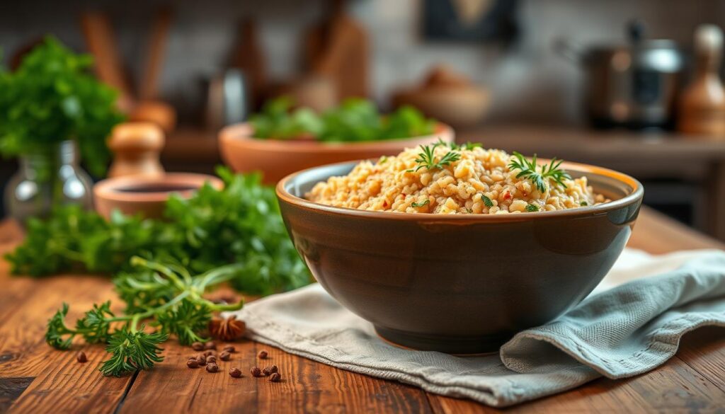 A beautifully presented bowl of cooked buckwheat (kasza gryczana) garnished with fresh herbs like parsley and dill, exuding a warm, earthy tone. In the foreground, the bowl is set on a rustic wooden table with a soft linen napkin beside it. The middle ground features various herbs and spices artfully arranged, enhancing the visual appeal and suggesting flavor. In the background, a faintly blurred kitchen setting with warm, ambient lighting creates a cozy atmosphere suitable for cooking. The image captures the essence of healthy eating, focusing on the nutritional benefits of buckwheat while conveying an inviting and wholesome vibe, perfect for enticing readers to improve the taste and retain the nutritional value of their meals. A beautifully presented bowl of cooked buckwheat (kasza gryczana) garnished with fresh herbs like parsley and dill, exuding a warm, earthy tone. In the foreground, the bowl is set on a rustic wooden table with a soft linen napkin beside it. The middle ground features various herbs and spices artfully arranged, enhancing the visual appeal and suggesting flavor. In the background, a faintly blurred kitchen setting with warm, ambient lighting creates a cozy atmosphere suitable for cooking. The image captures the essence of healthy eating, focusing on the nutritional benefits of buckwheat while conveying an inviting and wholesome vibe, perfect for enticing readers to improve the taste and retain the nutritional value of their meals.