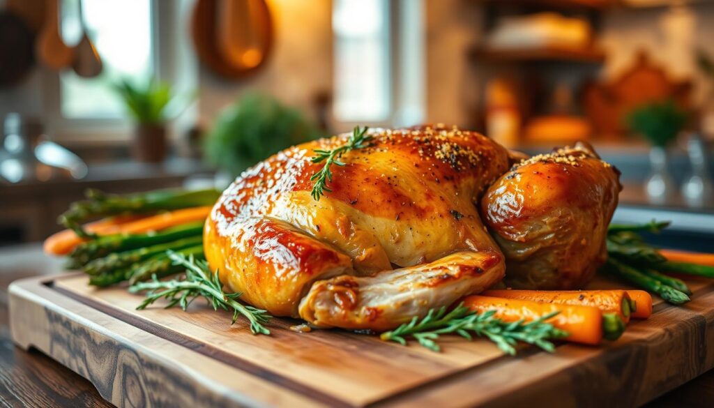 A beautifully roasted turkey breast, glistening and succulent, takes center stage on a rustic wooden cutting board. The turkey is perfectly browned, showcasing a golden, crispy skin with herb sprigs accentuating its presentation. Surrounding the turkey, there are garnished sides of vibrant green vegetables, such as asparagus and roasted carrots, providing a fresh contrast. The scene is warmly lit, evoking a cozy kitchen atmosphere, with soft natural light pouring in from a nearby window, enhancing the rich tones of the turkey. A narrow depth of field focuses on the turkey, slightly blurring the background that features hints of kitchen utensils and warm, inviting decor, creating a sense of homely comfort and culinary delight. The image evokes a feeling of warmth and satisfaction, perfect for showcasing the skill of maintaining juiciness in roasted meats. A beautifully roasted turkey breast, glistening and succulent, takes center stage on a rustic wooden cutting board. The turkey is perfectly browned, showcasing a golden, crispy skin with herb sprigs accentuating its presentation. Surrounding the turkey, there are garnished sides of vibrant green vegetables, such as asparagus and roasted carrots, providing a fresh contrast. The scene is warmly lit, evoking a cozy kitchen atmosphere, with soft natural light pouring in from a nearby window, enhancing the rich tones of the turkey. A narrow depth of field focuses on the turkey, slightly blurring the background that features hints of kitchen utensils and warm, inviting decor, creating a sense of homely comfort and culinary delight. The image evokes a feeling of warmth and satisfaction, perfect for showcasing the skill of maintaining juiciness in roasted meats.