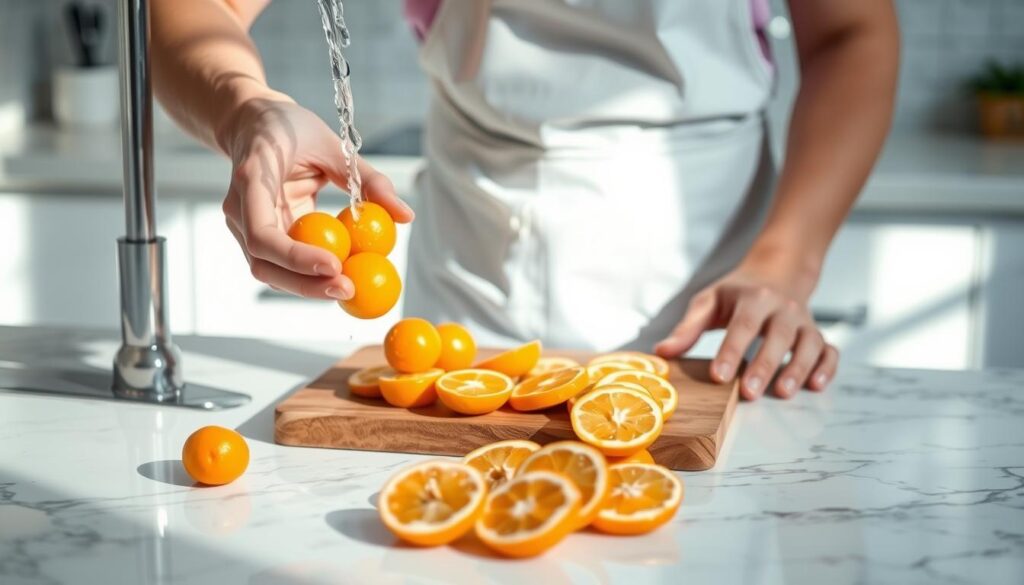 A bright, airy kitchen setting with a marble countertop serves as the backdrop for the safe washing and preparation of kumquats. In the foreground, a person wearing a clean, professional apron, gently rinses fresh kumquats under running water, ensuring they're thoroughly cleaned. The middle ground features a wooden cutting board adorned with neatly sliced kumquats, showcasing their vibrant orange color and glistening texture. Soft, natural light pours in from a nearby window, illuminating the scene and creating gentle shadows that enhance the freshness of the arrangement. The atmosphere conveys a sense of health and safety, emphasizing the importance of preparing citrus fruits properly before consumption. This image captures the essence of enjoyment and care in eating kumquats, focusing on their safe preparation. A bright, airy kitchen setting with a marble countertop serves as the backdrop for the safe washing and preparation of kumquats. In the foreground, a person wearing a clean, professional apron, gently rinses fresh kumquats under running water, ensuring they're thoroughly cleaned. The middle ground features a wooden cutting board adorned with neatly sliced kumquats, showcasing their vibrant orange color and glistening texture. Soft, natural light pours in from a nearby window, illuminating the scene and creating gentle shadows that enhance the freshness of the arrangement. The atmosphere conveys a sense of health and safety, emphasizing the importance of preparing citrus fruits properly before consumption. This image captures the essence of enjoyment and care in eating kumquats, focusing on their safe preparation.