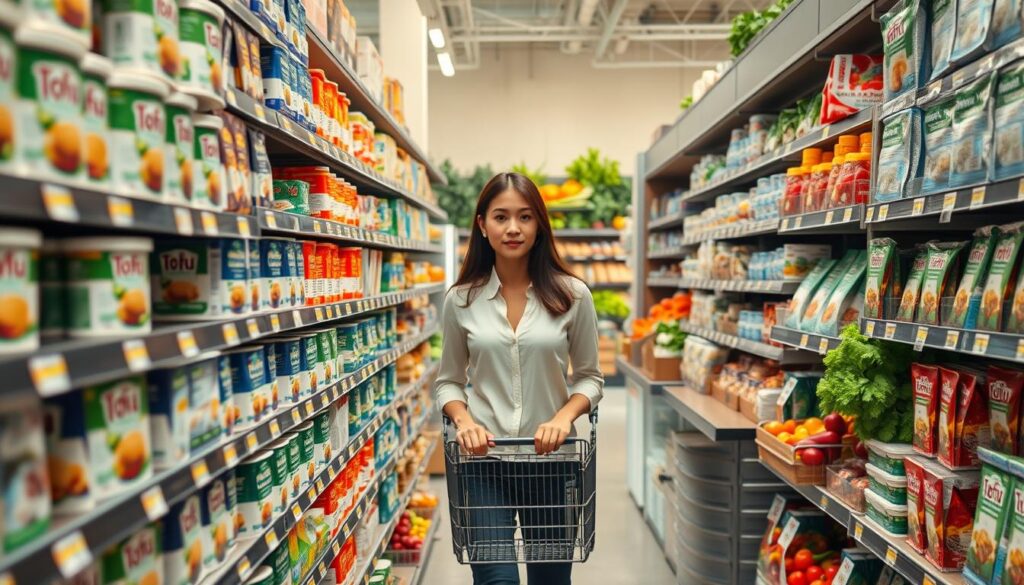 A bright and inviting grocery store aisle showcasing a variety of tofu products on neatly organized shelves. In the foreground, a selection of different tofu types, such as firm, silken, and flavored options, displayed in attractive packaging. The middle ground features a shopper, a young woman in casual professional attire, thoughtfully examining the labels, highlighting the decision-making process. In the background, vibrant vegetables and other health food items enhance the scene, emphasizing a healthy lifestyle. Soft, natural lighting filters through the store, creating a warm and welcoming atmosphere. The perspective is slightly angled, capturing both the shelves and the shopper, inviting viewers into the experience of choosing tofu. A bright and inviting grocery store aisle showcasing a variety of tofu products on neatly organized shelves. In the foreground, a selection of different tofu types, such as firm, silken, and flavored options, displayed in attractive packaging. The middle ground features a shopper, a young woman in casual professional attire, thoughtfully examining the labels, highlighting the decision-making process. In the background, vibrant vegetables and other health food items enhance the scene, emphasizing a healthy lifestyle. Soft, natural lighting filters through the store, creating a warm and welcoming atmosphere. The perspective is slightly angled, capturing both the shelves and the shopper, inviting viewers into the experience of choosing tofu.