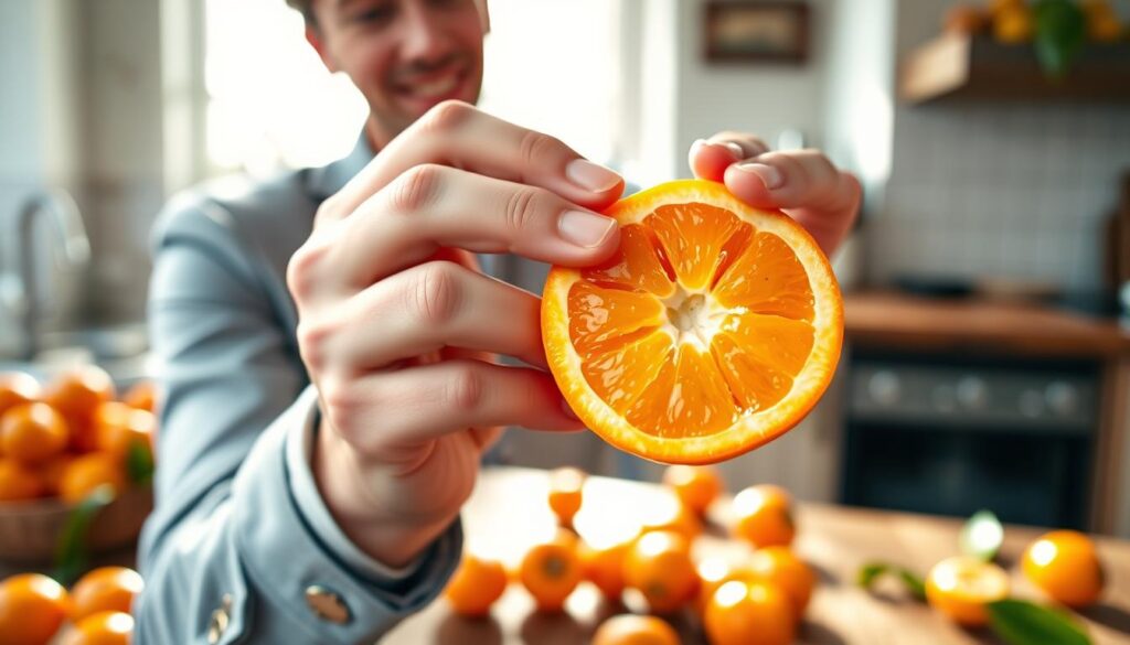 A bright, vibrant kitchen setting with a close-up view of a person holding a kumquat, showcasing its glossy orange skin. The person, dressed in smart casual attire, gently bites into the fruit, revealing its juicy, tangy inner flesh while still showing the textured skin around it. The background features fresh kumquats scattered on a rustic wooden countertop, with natural sunlight streaming through a nearby window, casting a soft glow on the scene. A few green leaves add a touch of freshness. The atmosphere is warm and inviting, emphasizing the simplicity and enjoyment of eating kumquats whole, skin and all. A shallow depth of field highlights the details of the kumquat and the person's engaging expression. A bright, vibrant kitchen setting with a close-up view of a person holding a kumquat, showcasing its glossy orange skin. The person, dressed in smart casual attire, gently bites into the fruit, revealing its juicy, tangy inner flesh while still showing the textured skin around it. The background features fresh kumquats scattered on a rustic wooden countertop, with natural sunlight streaming through a nearby window, casting a soft glow on the scene. A few green leaves add a touch of freshness. The atmosphere is warm and inviting, emphasizing the simplicity and enjoyment of eating kumquats whole, skin and all. A shallow depth of field highlights the details of the kumquat and the person's engaging expression.