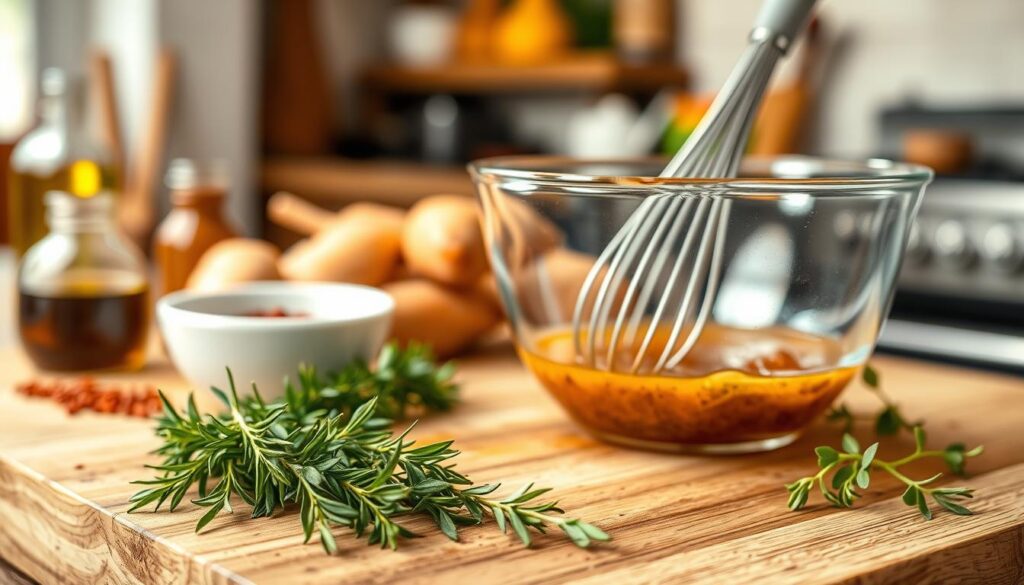 A close-up, beautifully arranged kitchen scene capturing the step-by-step process of making a chicken breast marinade. In the foreground, a wooden cutting board displays fresh ingredients: vibrant herbs like rosemary and thyme, a bowl of olive oil, and spices like paprika and pepper. The middle ground shows a glass mixing bowl with a whisk, showcasing a rich, aromatic marinade being prepared. In the background, a soft-focus kitchen environment with warm lighting, hinting at a rustic charm. Use a shallow depth of field to emphasize the marinade preparation while giving it a cozy, inviting atmosphere. The mood should feel fresh, culinary, and inspiring, highlighting the allure of home cooking.