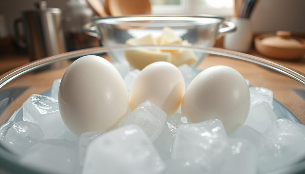 A close-up image capturing the process of rapidly cooling boiled eggs in a bowl of ice water. In the foreground, three perfectly peeled hard-boiled eggs, glistening with condensation, are nestled among ice cubes. The middle ground features a clear glass bowl filled with water and ice, surrounded by a metal colander, suggesting a kitchen setting. In the background, soft-focus kitchen utensils and an inviting countertop create a warm, homely atmosphere. The lighting is bright and natural, enhancing the freshness of the scene, with a slight overhead angle that emphasizes the eggs' smooth surface and the clarity of the ice water. The mood is calm and serene, inviting the viewer to appreciate the simplicity of this essential kitchen technique. A close-up image capturing the process of rapidly cooling boiled eggs in a bowl of ice water. In the foreground, three perfectly peeled hard-boiled eggs, glistening with condensation, are nestled among ice cubes. The middle ground features a clear glass bowl filled with water and ice, surrounded by a metal colander, suggesting a kitchen setting. In the background, soft-focus kitchen utensils and an inviting countertop create a warm, homely atmosphere. The lighting is bright and natural, enhancing the freshness of the scene, with a slight overhead angle that emphasizes the eggs' smooth surface and the clarity of the ice water. The mood is calm and serene, inviting the viewer to appreciate the simplicity of this essential kitchen technique.