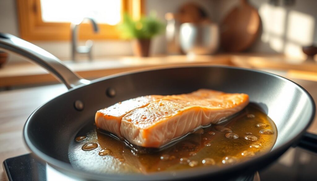 A close-up image of a sleek, high-quality frying pan with a smooth, reflective surface, showcasing a glistening layer of golden cooking oil suitable for frying salmon. The foreground features the pan, slightly tilted, with shimmering droplets of oil catching the light. In the middle, a beautifully cooked salmon fillet rests in the pan, skin side down, with crispy edges and vibrant pink flesh. In the background, a softly blurred kitchen setting creates a warm, inviting atmosphere, with natural light streaming through a window, casting gentle shadows. The overall mood is cozy and culinary-focused, emphasizing the art of cooking salmon perfectly. A close-up image of a sleek, high-quality frying pan with a smooth, reflective surface, showcasing a glistening layer of golden cooking oil suitable for frying salmon. The foreground features the pan, slightly tilted, with shimmering droplets of oil catching the light. In the middle, a beautifully cooked salmon fillet rests in the pan, skin side down, with crispy edges and vibrant pink flesh. In the background, a softly blurred kitchen setting creates a warm, inviting atmosphere, with natural light streaming through a window, casting gentle shadows. The overall mood is cozy and culinary-focused, emphasizing the art of cooking salmon perfectly.