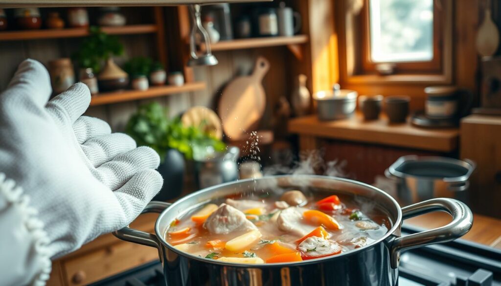 A close-up kitchen scene illustrating the final stages of cooking a traditional Polish broth, with a focus on a large pot bubbling on the stovetop. In the foreground, a hand, wearing a clean, crisp cooking glove, gently sprinkles salt into the pot, accentuating the moment of seasoning. The pot, filled with vibrant vegetables and tender pieces of meat, steams invitingly, highlighting the rich color and texture of the broth. The background shows a warm, rustic kitchen atmosphere with wooden shelves filled with spices, herbs, and cookware, softly illuminated by natural light streaming through a nearby window. The mood is cozy and inviting, evoking the comfort of homemade cooking. A close-up kitchen scene illustrating the final stages of cooking a traditional Polish broth, with a focus on a large pot bubbling on the stovetop. In the foreground, a hand, wearing a clean, crisp cooking glove, gently sprinkles salt into the pot, accentuating the moment of seasoning. The pot, filled with vibrant vegetables and tender pieces of meat, steams invitingly, highlighting the rich color and texture of the broth. The background shows a warm, rustic kitchen atmosphere with wooden shelves filled with spices, herbs, and cookware, softly illuminated by natural light streaming through a nearby window. The mood is cozy and inviting, evoking the comfort of homemade cooking.