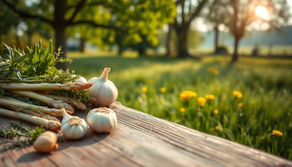 A close-up of a natural scene depicting various elements contributing to the natural scent of urine. In the foreground, showcase a vibrant assortment of herbs, such as asparagus and garlic, known to influence urine's aroma, arranged artfully on a wooden table. In the middle ground, focus on a serene, dewy grassland with subtle hints of yellow wildflowers, evoking a fresh, earthy scent. The background features a soft-focus landscape of distant trees under a morning sun, with gentle sunlight filtering through the leaves, casting a warm glow. The overall mood is tranquil and reflective, capturing the essence of nature and its role in the biological processes that create distinct smells. The composition should convey clarity, with natural lighting enhancing the scene's freshness.