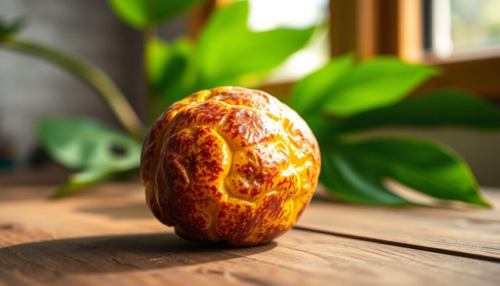 A close-up of a ripe passion fruit, showcasing its wrinkled, textured skin in warm shades of purple and yellow. The fruit sits atop a rustic wooden table, softly illuminated by natural light from a nearby window, creating gentle shadows that highlight its contours. In the background, blurred green leaves add a tropical vibe, enhancing the focus on the fruit. The atmosphere feels vibrant and fresh, evoking a sense of natural beauty and simplicity. This image captures the essence of choosing and preserving ripe passion fruit, emphasizing its unique appearance and inviting nature. A shallow depth of field brings attention to the fruit, while the overall composition remains clean and inviting.