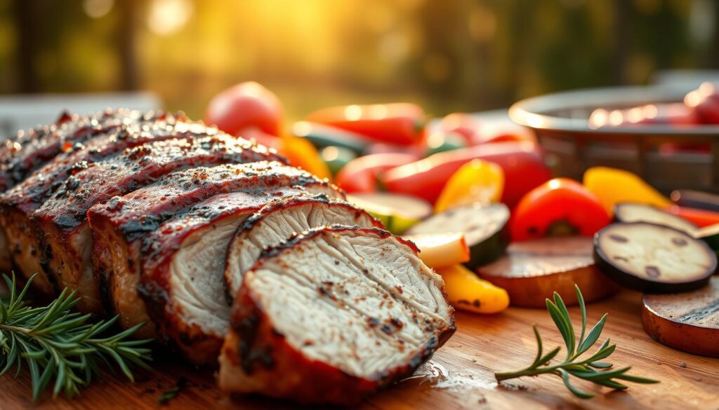 A close-up of juicy grilled pork tenderloin, perfectly seared with grill marks, glistening with a savory marinade. The foreground features the tenderloin placed on a wooden cutting board, surrounded by fresh herbs like rosemary and thyme. In the middle ground, a vibrant assortment of colorful grilled vegetables, including bell peppers and zucchini, create a mouthwatering display. The background shows a softly blurred outdoor barbecue setting with warm, golden sunlight filtering through trees, enhancing the inviting atmosphere. The image captures the essence of summer grilling, evoking feelings of warmth and delicious anticipation, with a focus on the rich textures of the meat and vegetables. The lighting emphasizes the glossy sheen of the marinade and the charred perfection of the grill marks. A close-up of juicy grilled pork tenderloin, perfectly seared with grill marks, glistening with a savory marinade. The foreground features the tenderloin placed on a wooden cutting board, surrounded by fresh herbs like rosemary and thyme. In the middle ground, a vibrant assortment of colorful grilled vegetables, including bell peppers and zucchini, create a mouthwatering display. The background shows a softly blurred outdoor barbecue setting with warm, golden sunlight filtering through trees, enhancing the inviting atmosphere. The image captures the essence of summer grilling, evoking feelings of warmth and delicious anticipation, with a focus on the rich textures of the meat and vegetables. The lighting emphasizes the glossy sheen of the marinade and the charred perfection of the grill marks.