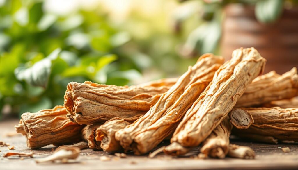 A close-up of licorice root, showcasing its intricate textures and colors, set against a softly blurred natural background of leafy green herbs. In the foreground, several pieces of dried licorice root lie elegantly arranged, with their unique striations and earthy tones highlighted by warm, gentle lighting. The middle ground features lush plants, hinting at the herbal uses of licorice, while the background fades into a serene garden scene, conveying tranquility and nature's bounty. The overall mood is calming and informative, inviting the viewer to explore the properties and safe consumption practices of licorice. The composition should be balanced, capturing the essence of natural remedies without any text or clutter. A close-up of licorice root, showcasing its intricate textures and colors, set against a softly blurred natural background of leafy green herbs. In the foreground, several pieces of dried licorice root lie elegantly arranged, with their unique striations and earthy tones highlighted by warm, gentle lighting. The middle ground features lush plants, hinting at the herbal uses of licorice, while the background fades into a serene garden scene, conveying tranquility and nature's bounty. The overall mood is calming and informative, inviting the viewer to explore the properties and safe consumption practices of licorice. The composition should be balanced, capturing the essence of natural remedies without any text or clutter.