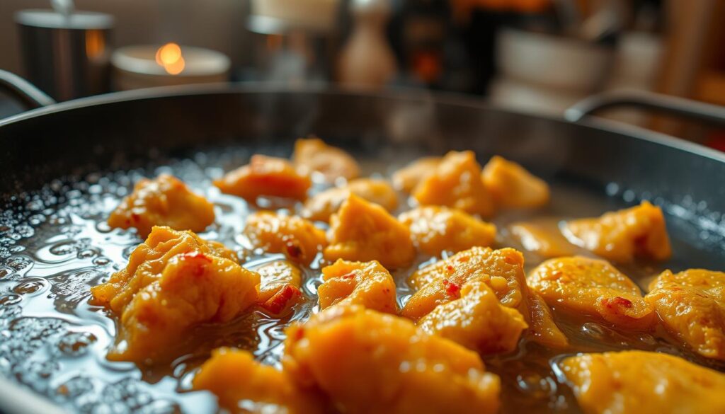 A close-up of pieces of chicken frying in hot, bubbling oil in a deep pan, highlighting the golden-brown texture that signifies perfect crispiness. The foreground features juicy pieces of chicken, some coated in a light seasoning, sizzling energetically. In the middle ground, the frying oil's surface reflects vibrant colors from the kitchen lights, hinting at the cooking process. The background shows a cozy kitchen setting with soft, warm lighting, emphasizing a delicious home-cooked meal atmosphere. The angle captures the action from slightly above, focusing on the frying chicken while blurring the background to enhance the subject's prominence. The mood is inviting and appetizing, evoking a sense of comfort and culinary expertise.
