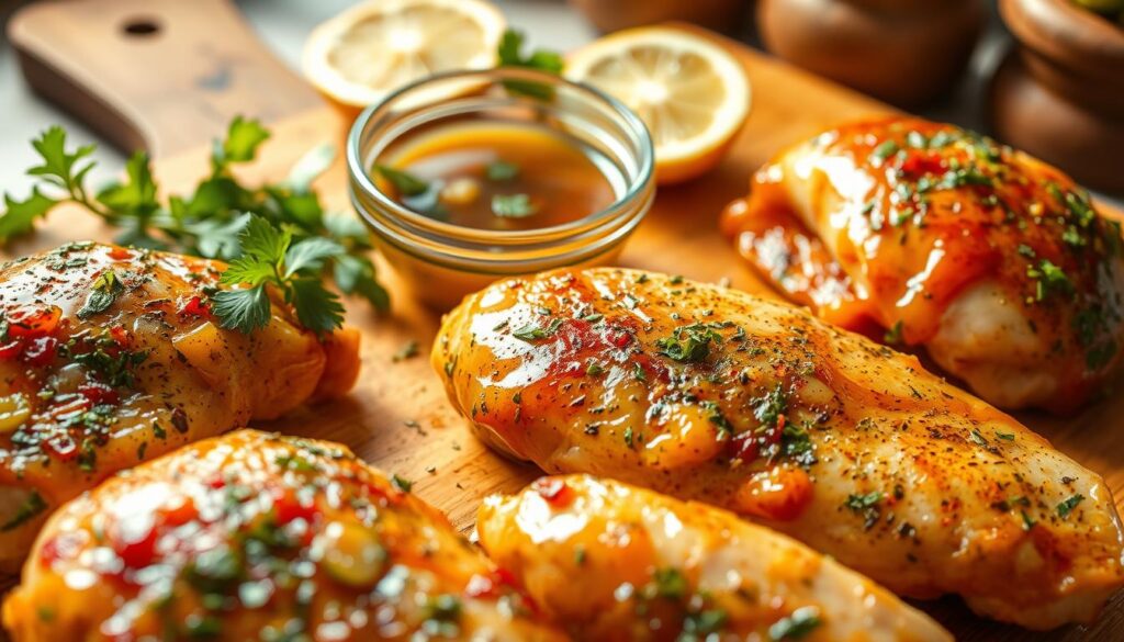 A close-up of seasoned chicken breasts being generously coated with vibrant homemade marinade. In the foreground, the focus is on the chicken, glistening with a thick layer of the aromatic marinade that includes herbs, spices, and hints of garlic and citrus. In the middle, a small bowl filled with the remaining marinade is slightly blurred, surrounded by fresh herbs and citrus slices that add a pop of color. The background features a wooden cutting board and cozy kitchen elements, implying a warm and inviting cooking atmosphere. Soft, natural lighting illuminates the scene, casting gentle shadows that enhance the textures of both the marinade and the meat. The overall mood is refreshing and appetizing, evoking a sense of home cooking and culinary delight. A close-up of seasoned chicken breasts being generously coated with vibrant homemade marinade. In the foreground, the focus is on the chicken, glistening with a thick layer of the aromatic marinade that includes herbs, spices, and hints of garlic and citrus. In the middle, a small bowl filled with the remaining marinade is slightly blurred, surrounded by fresh herbs and citrus slices that add a pop of color. The background features a wooden cutting board and cozy kitchen elements, implying a warm and inviting cooking atmosphere. Soft, natural lighting illuminates the scene, casting gentle shadows that enhance the textures of both the marinade and the meat. The overall mood is refreshing and appetizing, evoking a sense of home cooking and culinary delight.
