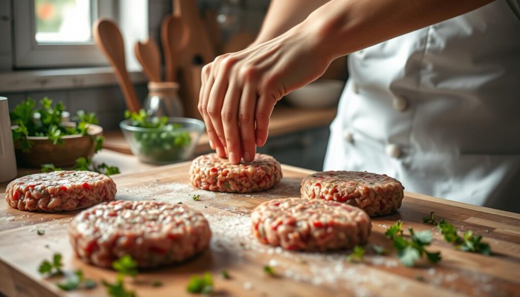 A close-up scene of a chef skillfully forming minced meat patties, showcasing equal thickness for even frying. The chef, wearing a pristine white apron and a chef's hat, is focused and meticulous, rolling the seasoned mixture into uniform, round shapes on a wooden cutting board. Soft, natural light streams in from a nearby window, highlighting the glistening texture of the meat and the vibrant green parsley scattered around the workspace. In the background, a rustic kitchen setting adds warmth, with kitchen utensils and ingredients neatly arranged. The mood is inviting and homely, emphasizing the art of preparation for perfect, fluffy patties. A close-up scene of a chef skillfully forming minced meat patties, showcasing equal thickness for even frying. The chef, wearing a pristine white apron and a chef's hat, is focused and meticulous, rolling the seasoned mixture into uniform, round shapes on a wooden cutting board. Soft, natural light streams in from a nearby window, highlighting the glistening texture of the meat and the vibrant green parsley scattered around the workspace. In the background, a rustic kitchen setting adds warmth, with kitchen utensils and ingredients neatly arranged. The mood is inviting and homely, emphasizing the art of preparation for perfect, fluffy patties.