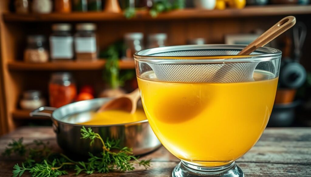 A close-up scene of a clear broth being seasoned and strained in a cozy kitchen. In the foreground, a pristine glass bowl filled with golden-yellow broth sits prominently, surrounded by fresh herbs like parsley and dill. A wooden spoon gently stirs the mixture, while a fine sieve filters the liquid into a waiting pot in the middle ground. Soft, warm lighting illuminates the scene, creating a welcoming atmosphere. In the background, rustic wooden shelves are lined with jars of spices and vegetables, adding depth and context. The photograph should be captured with a shallow depth of field, focusing sharply on the broth while softly blurring the background, evoking a sense of culinary craftsmanship and tradition.
