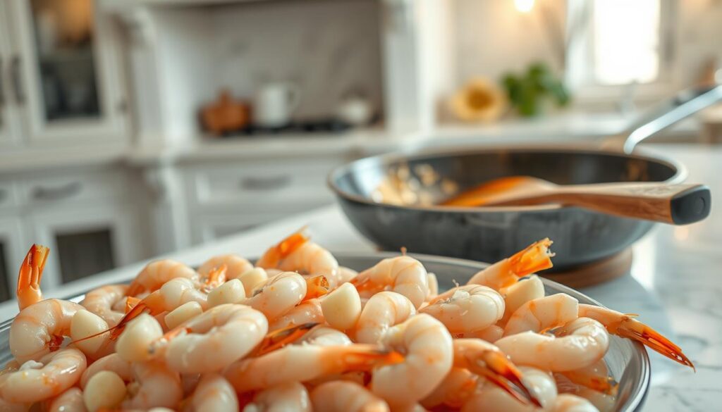 A close-up scene of raw shrimp being prepared for sautéing on a kitchen countertop. In the foreground, fresh shrimp are placed in a large bowl, glistening with a light sheen of olive oil and garlic cloves scattered around. The shrimp are pink, with some shells still retaining their shells and tails intact, reflecting freshness. In the middle ground, a well-used frying pan is set on a white marble countertop, with a wooden cooking spatula resting beside it. The background features a soft-focus kitchen, with elegant lighting highlighting the scene, creating a warm and inviting atmosphere. The overall mood is one of culinary preparation, emphasizing the beauty and simplicity of cooking shrimp. A close-up scene of raw shrimp being prepared for sautéing on a kitchen countertop. In the foreground, fresh shrimp are placed in a large bowl, glistening with a light sheen of olive oil and garlic cloves scattered around. The shrimp are pink, with some shells still retaining their shells and tails intact, reflecting freshness. In the middle ground, a well-used frying pan is set on a white marble countertop, with a wooden cooking spatula resting beside it. The background features a soft-focus kitchen, with elegant lighting highlighting the scene, creating a warm and inviting atmosphere. The overall mood is one of culinary preparation, emphasizing the beauty and simplicity of cooking shrimp.