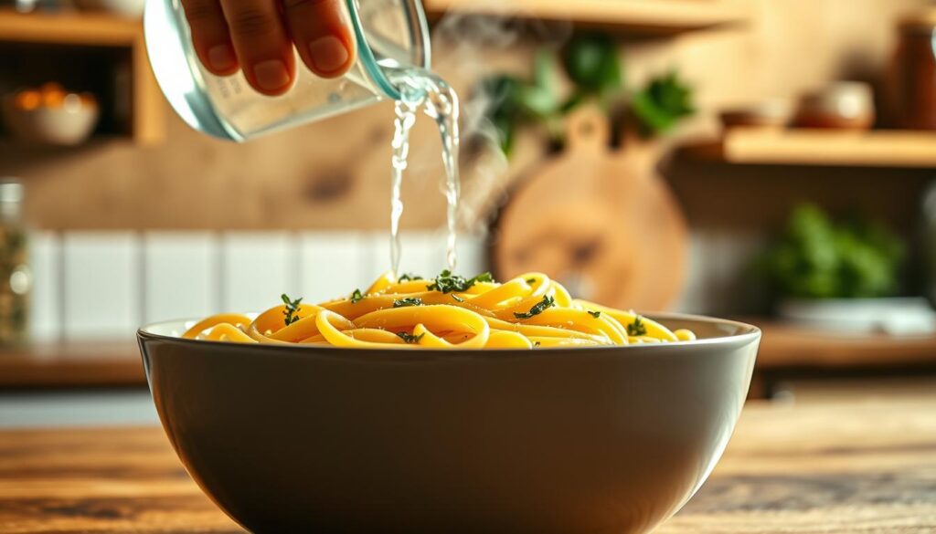 A close-up shot of a steaming bowl of perfectly cooked al dente pasta, set against a rustic kitchen backdrop. In the foreground, the pasta is glistening, adorned with a light drizzle of olive oil and sprinkled with fresh herbs. In the middle ground, a chef’s hand is reaching toward the bowl with a small container of cold water, about to pour it over the pasta, creating a contrasting reaction of steam rising sharply into the air. The background features a softly lit kitchen with wooden shelves and ingredient jars, enhancing the cozy, home-cooked atmosphere. The lighting is warm and inviting, with a focus on the textures of the pasta and the steam, evoking a sense of culinary warmth and caution against shocking the pasta with cold water. A close-up shot of a steaming bowl of perfectly cooked al dente pasta, set against a rustic kitchen backdrop. In the foreground, the pasta is glistening, adorned with a light drizzle of olive oil and sprinkled with fresh herbs. In the middle ground, a chef’s hand is reaching toward the bowl with a small container of cold water, about to pour it over the pasta, creating a contrasting reaction of steam rising sharply into the air. The background features a softly lit kitchen with wooden shelves and ingredient jars, enhancing the cozy, home-cooked atmosphere. The lighting is warm and inviting, with a focus on the textures of the pasta and the steam, evoking a sense of culinary warmth and caution against shocking the pasta with cold water.